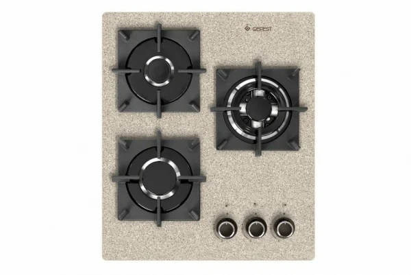 Газовая варочная панель GEFEST ПВГ 2100-01 К78, бежевый с рисунком / "камень", 3 конфорки, газ-контроль, электророзжиг, чугунные решетки