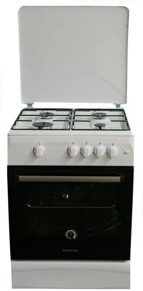 Газовая плита RENOVA SG6G-W, эмалированная, электроподжиг, 4 конфорки, стальные решетки, белая, 70 л
