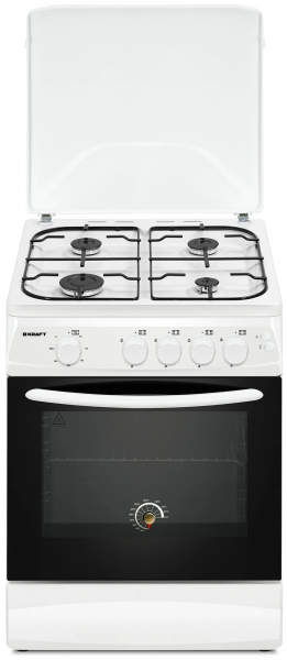 Газовая плита Kraft KF-FSK6403AGW, белый, газ-контроль духовки, электроподжиг, эмалированная, 4 конфорки, 70 л 