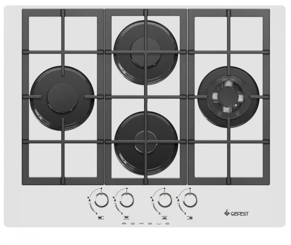 Варочная панель GEFEST 2231-01 Р12, конфорок - 4 шт, решетки - чугун, панель - закаленное стекло, электроподжиг, газ-контроль, белый