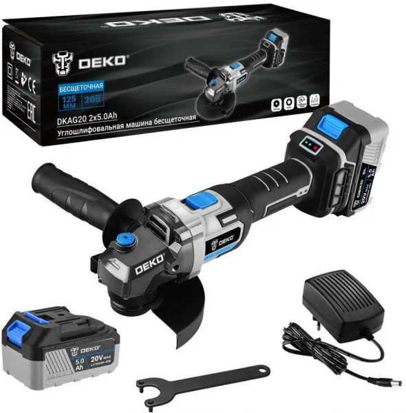Углошлифовальная машина бесщеточная DEKO DKAG20, 20В, 2*5.0Ач 063-4028