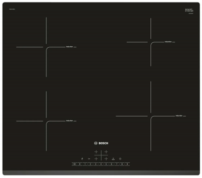 Индукционная варочная панель Bosch PIE631FB1E, Serie 6, 4 конфорки, сенсорное управление, черная, 17 ступеней мощности