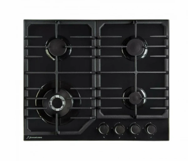Варочная панель Schaub Lorenz SLK GY6028, чёрная, 4 конфорки, чугунные решётки, электроподжиг, газ-контроль, WOK конфорка