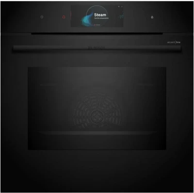 Духовой шкаф электрический встраиваемый Bosch HRG978NB1 Serie 8, чёрный, пиролитическая очистка, 71 л, 22 режима, с паром, телескопические направляющие