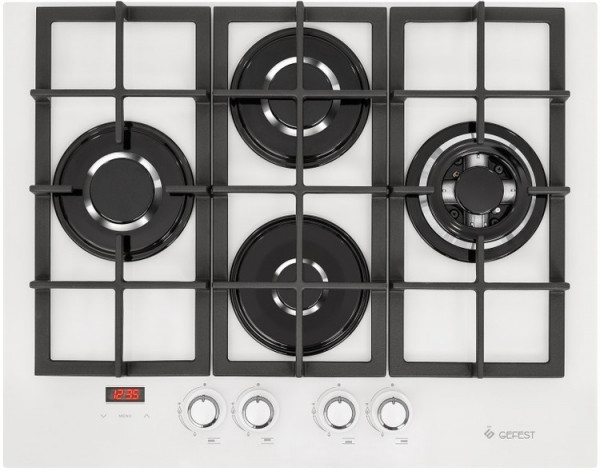 Газовая варочная поверхность GEFEST ПВГ 2231-02 Р12, конфорок - 4 шт, решетки - чугун, панель - закаленное стекло, электроподжиг, газ-контроль, таймер конфорок, белый