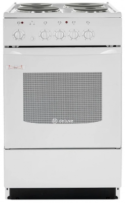Кухонная плита De luxe 5004.12э (белый), электрическая, 46 л, ящик для посуды, 4 зоны приготовления 
