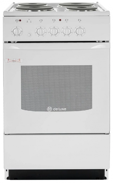 Кухонная плита De luxe 5004.12э (белый), электрическая, 46 л, ящик для посуды, 4 зоны приготовления 