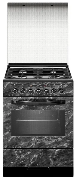 Плита комбинированная GEFEST ПГЭ 6302-03 0053, чёрный мрамор, гидролизная очистка, чугунные решетки, электроподжиг, газ-контроль горелок стола, стеклянная крышка, 4 конфорки, 55 л
