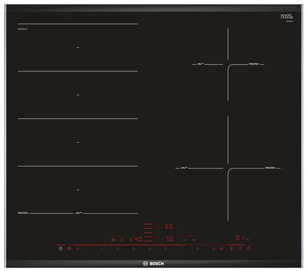 Индукционная варочная панель Bosch PXE675DC1E, независимая, конфорок - 4 шт, панель - стеклокерамика, 7400 Вт