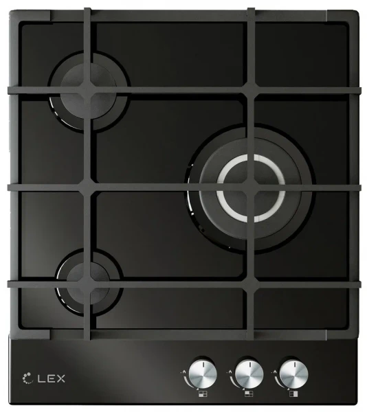 Газовая варочная панель LEX GVG 431 BL, 3 конфорки, чёрная, чугунные решётки, электроподжиг в поворотной ручке, газ-контроль, конфорка WOK