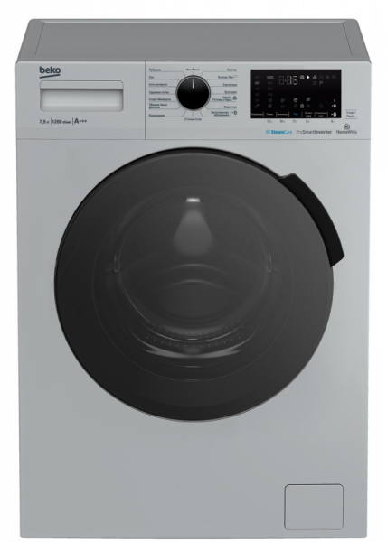 Стиральная машина Beko WSPE7H616S, серый/черный, с фронтальной загрузкой, с паром, 7.5кг, 1200об/мин, инверторная, 15 программ